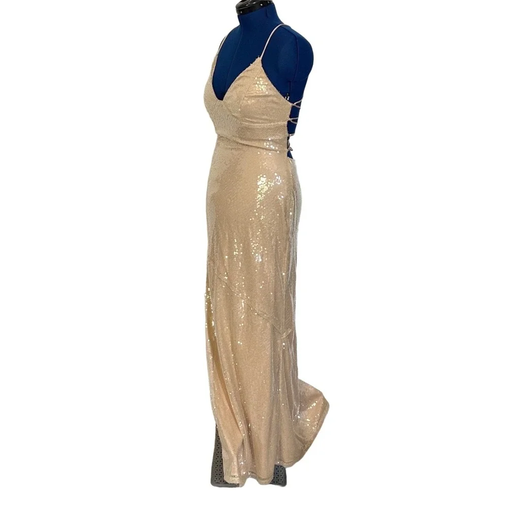 Babyboo Bells Maxi Dress Sequin Lace Up Back XL Nude Formal Prom BBF3507-D